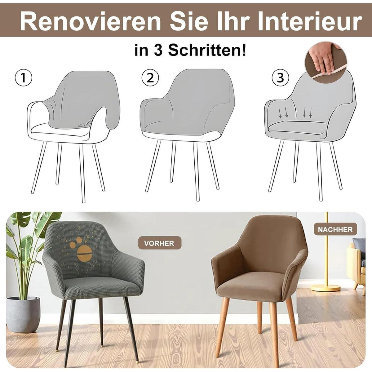 Stretch Stuhlhussen Set – Abnehmbar & Waschbar (Kamel, 4er)