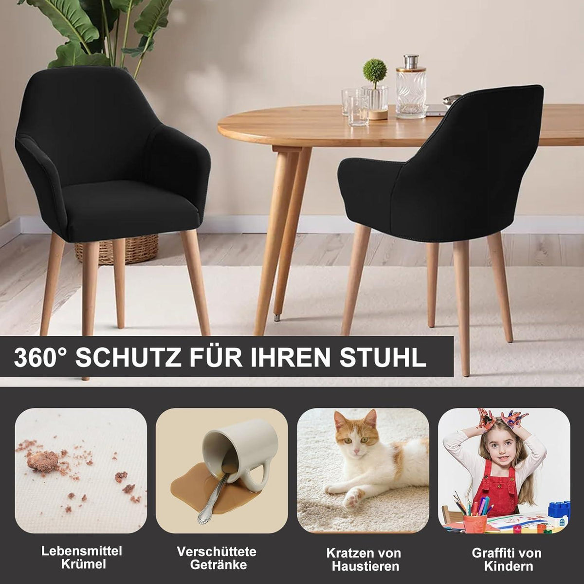 Stretch Stuhlhussen Set Schwarz – Abnehmbar & Waschbar