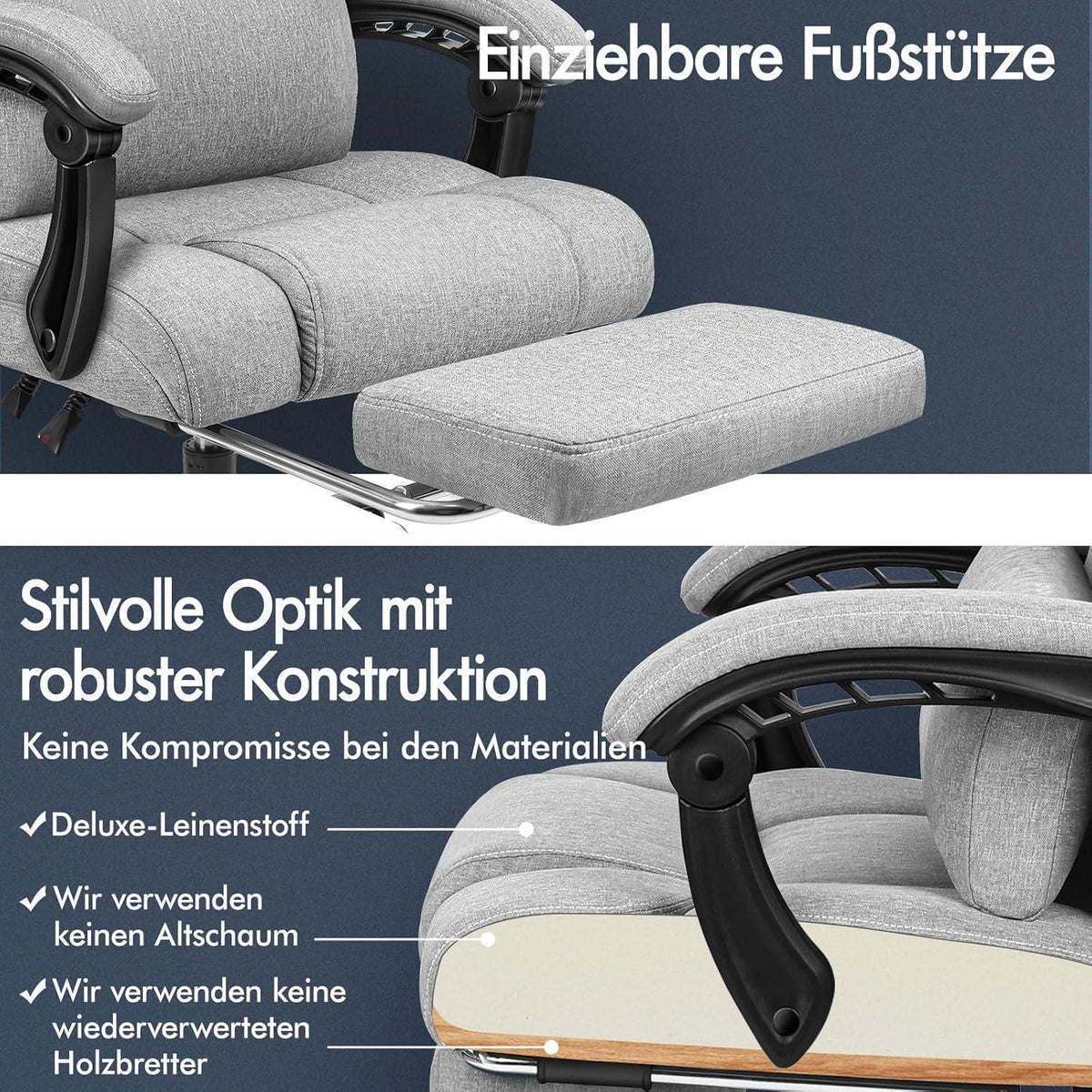 Ergonomischer Bürostuhl mit Netzrücken und Fußstütze, Grau