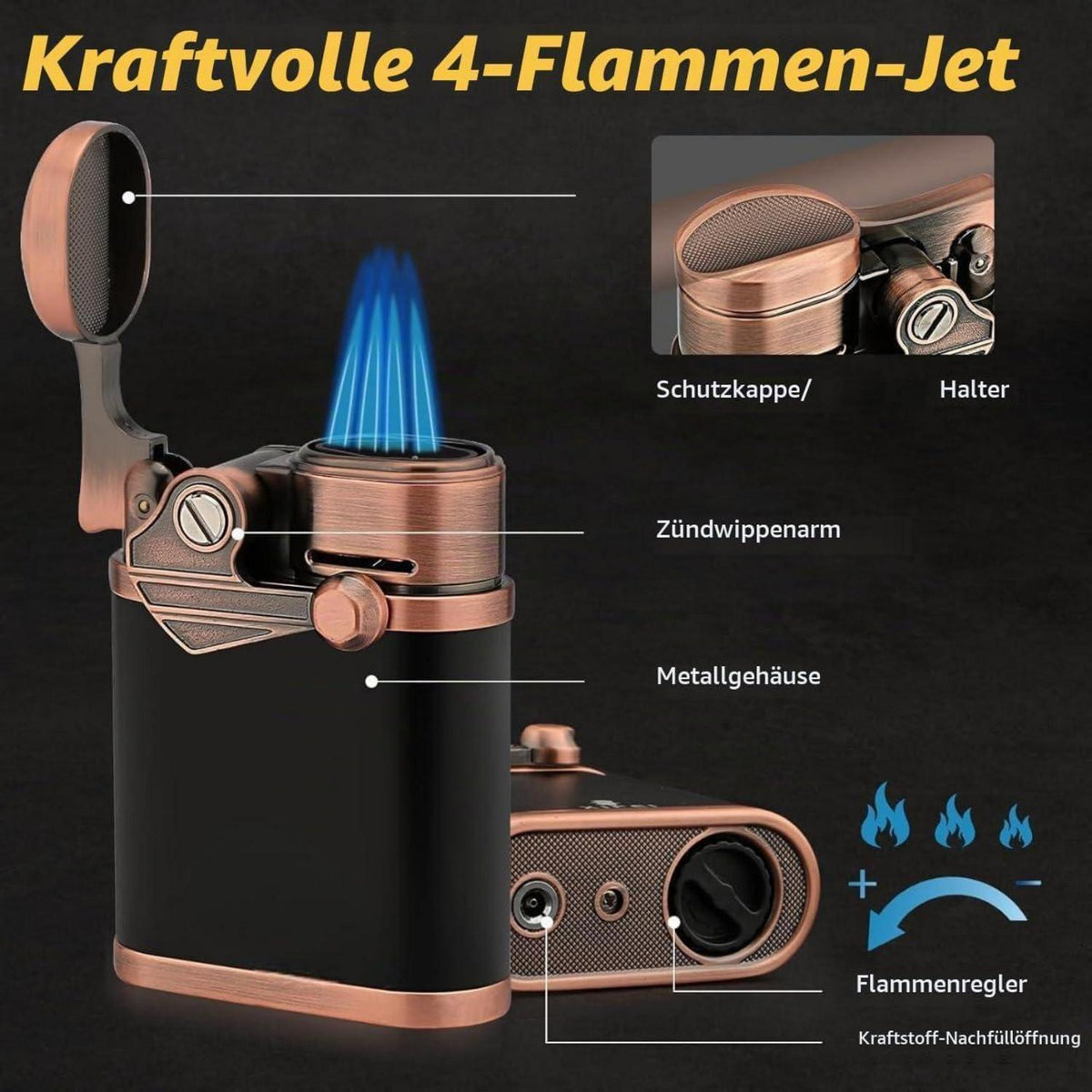 Steampunk Feuerzeug 4 Jetflammen – Winddicht & Nachfüllbar