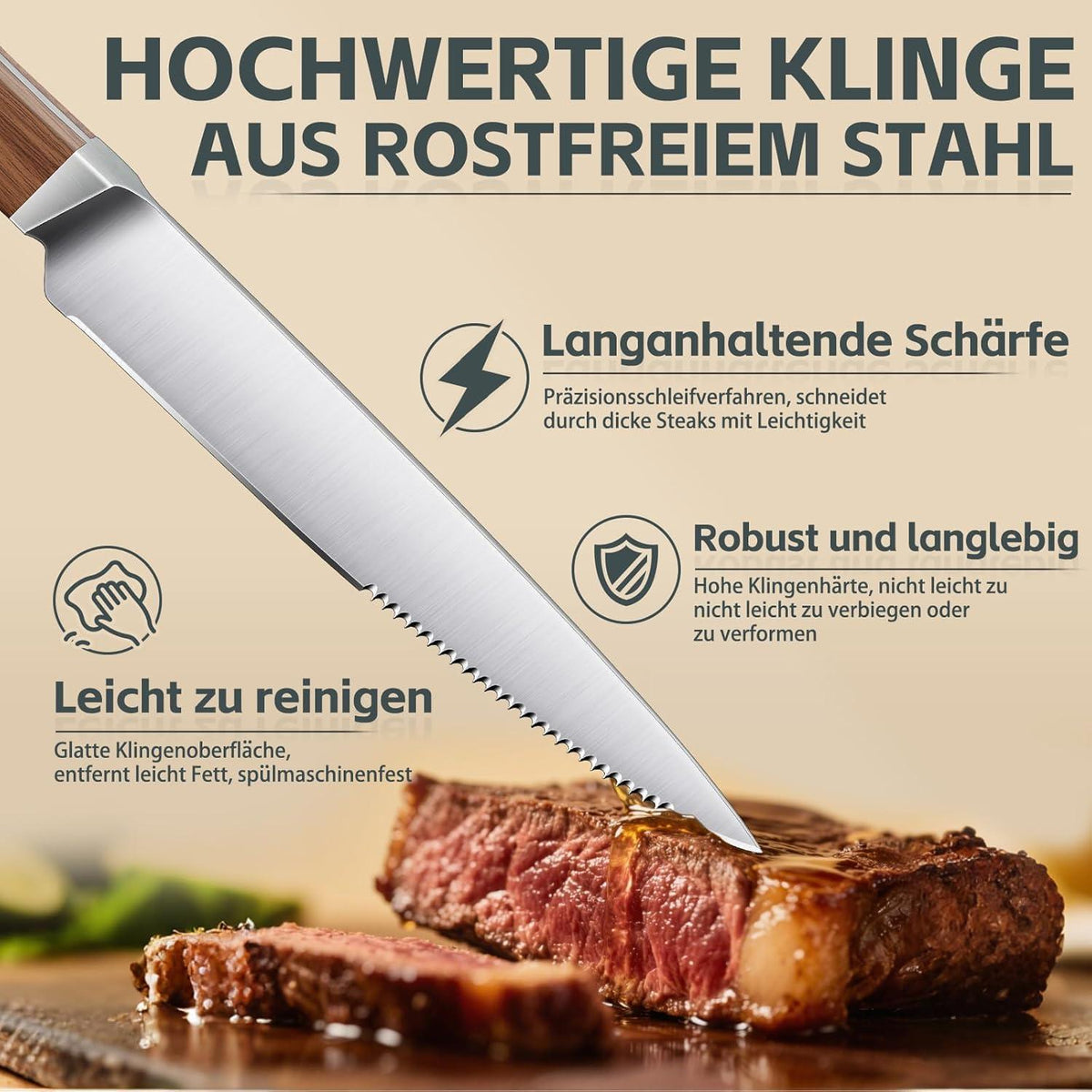 Steakmesser Set 8er Pack mit Wellenschliff & Holzgriff