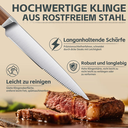 Steakmesser Set 8er Pack mit Wellenschliff & Holzgriff