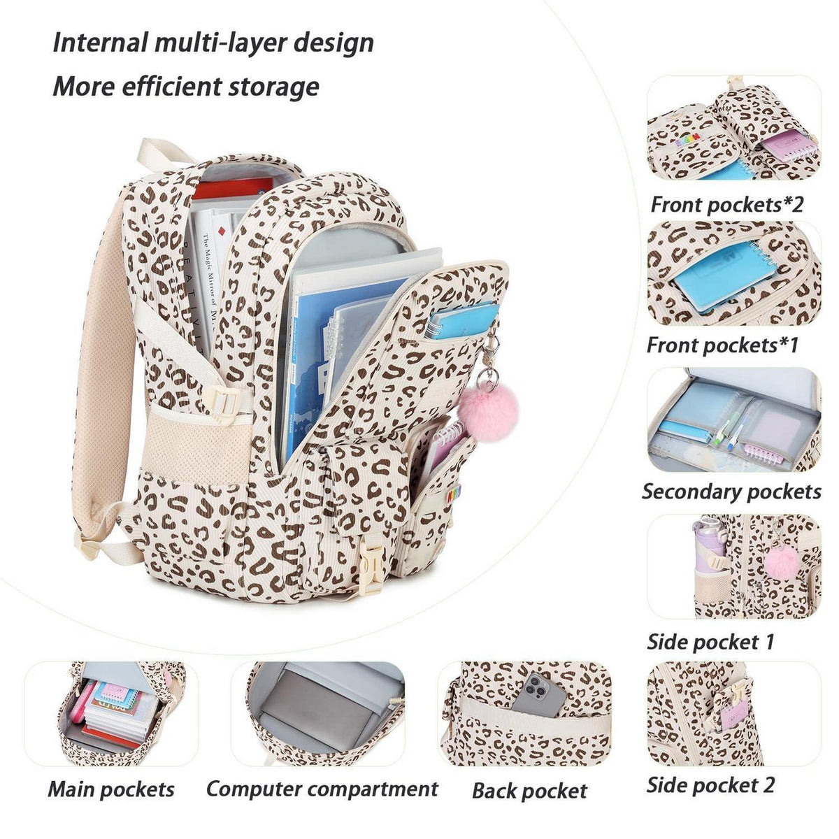 Schulrucksack Mädchen 3-Leopard Samt – Bequemer Kinderrucksack
