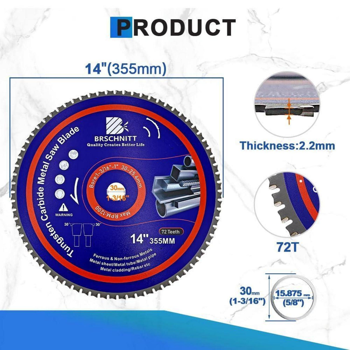 Kreissägeblatt Metall 355mm 72T TCT 30/25.4mm 10 Stück