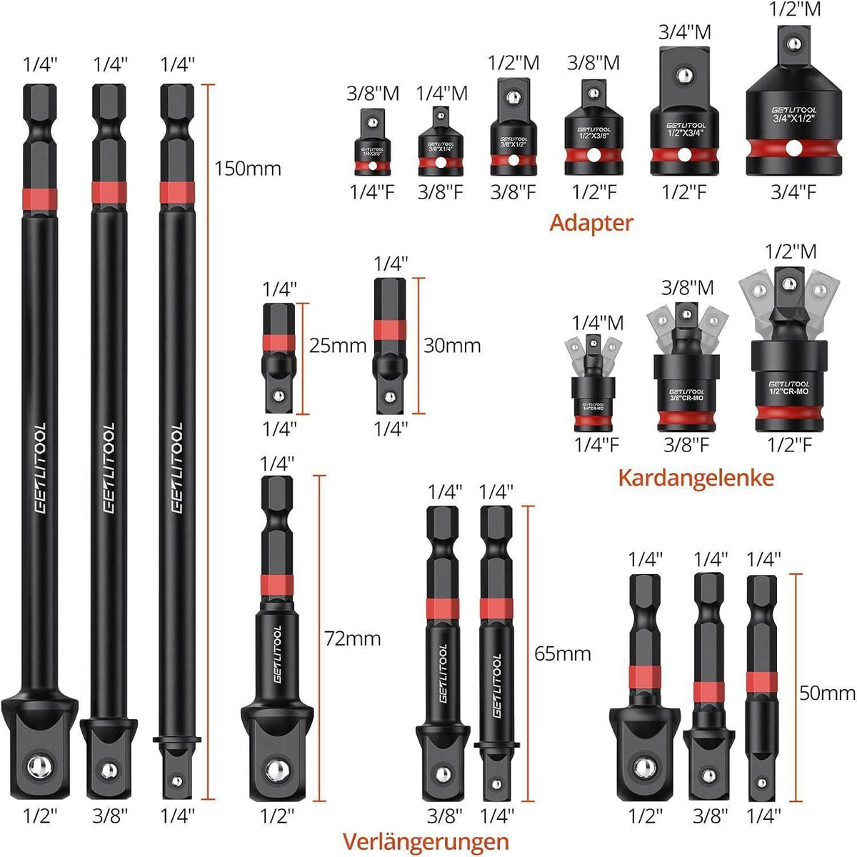 20tlg Stecknuss Adapter Set mit Kardangelenken für Profi-Werkzeug