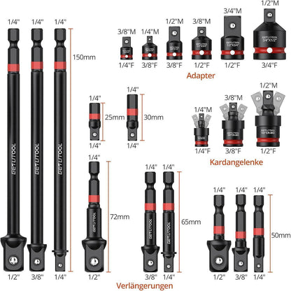 20tlg Stecknuss Adapter Set mit Kardangelenken für Profi-Werkzeug