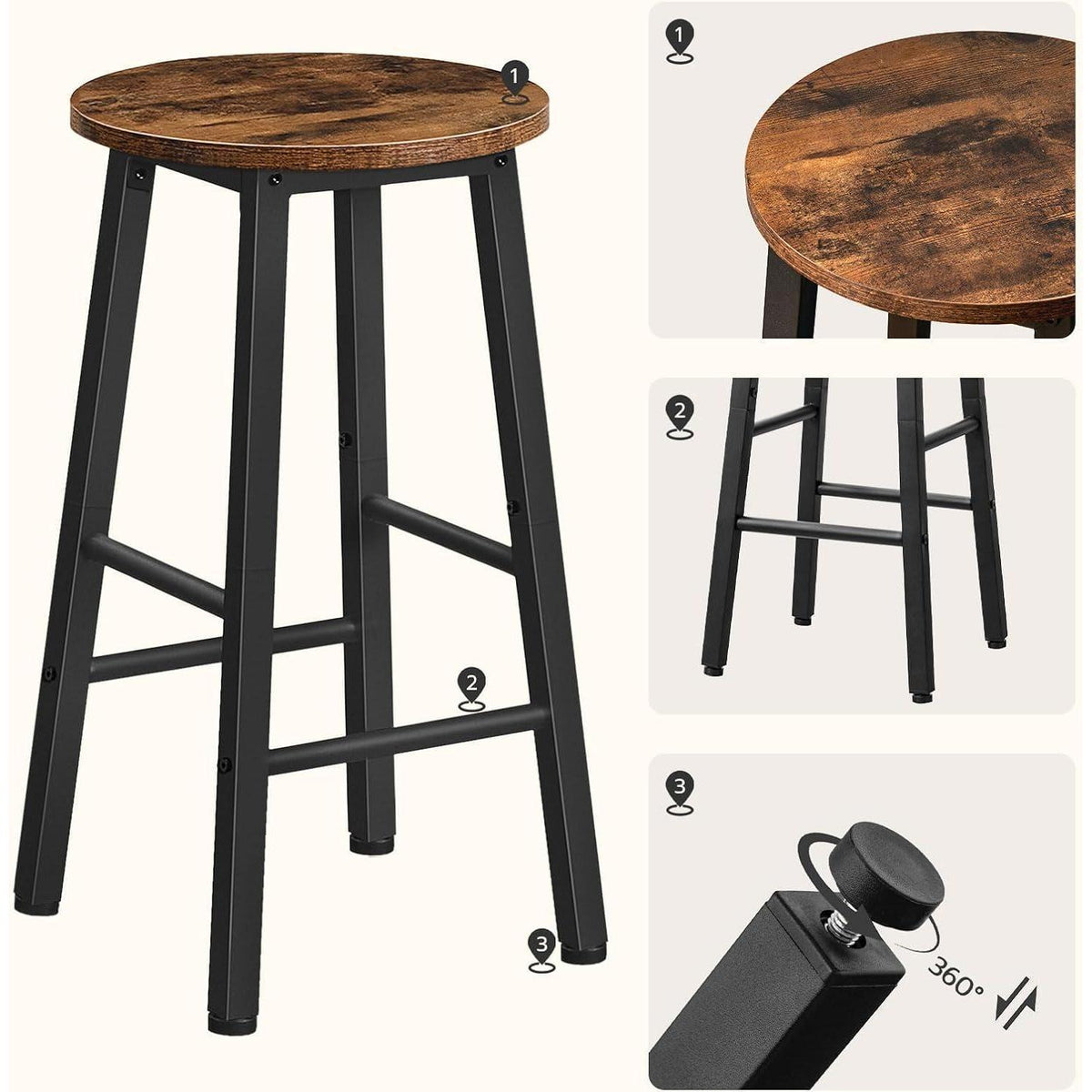 Barhocker Set 4er – Rustikales Braun & Schwarz mit Fußstütze
