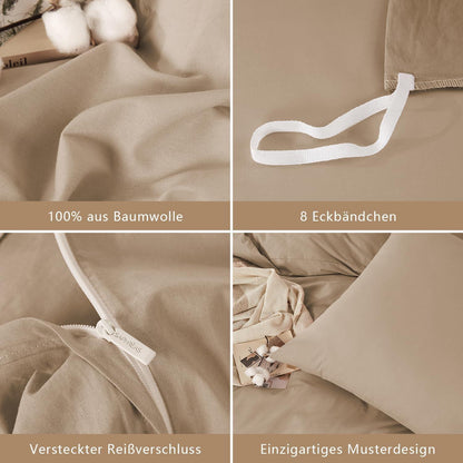 3tlg. Bettwäsche-Set 200x220 cm, Khaki Baumwolle, Washed Leinen Optik