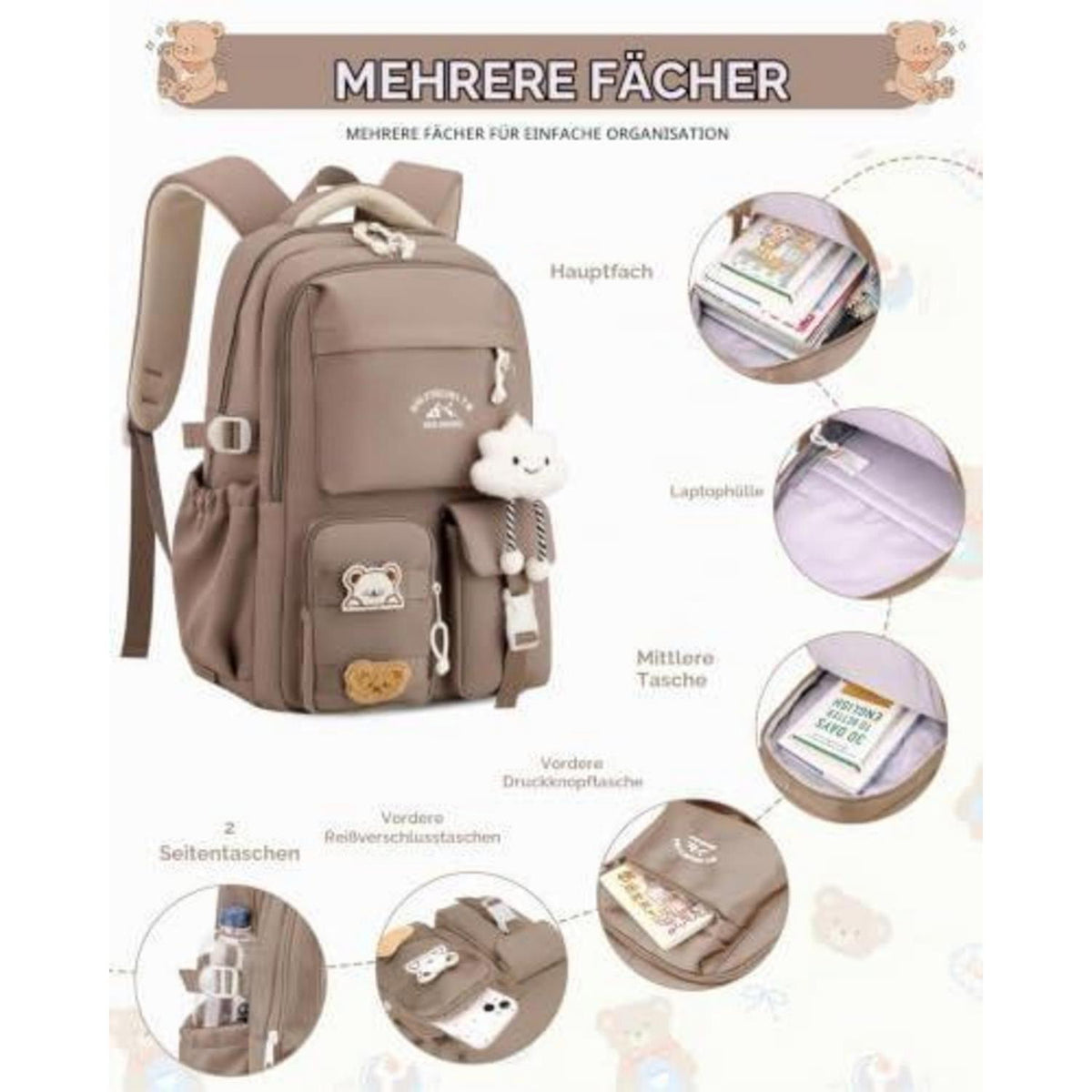 Schulrucksack Trolley Mädchen Braun – 30L, Rollen, Abnehmbar