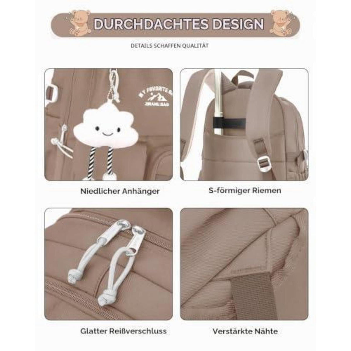 Schulrucksack Trolley Mädchen Braun – 30L, Rollen, Abnehmbar