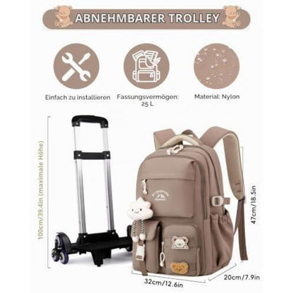 Schulrucksack Trolley Mädchen Braun – 30L, Rollen, Abnehmbar