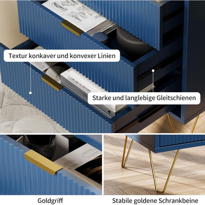 Blauer Nachttisch mit 3 Schubladen & Goldfüßen