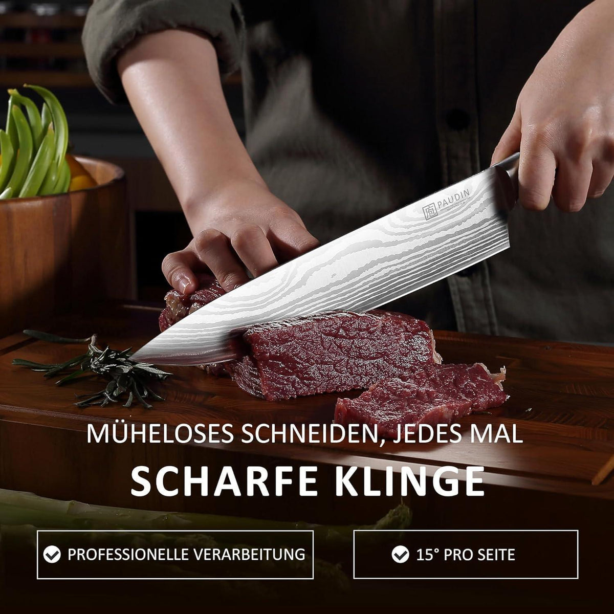 Profi Kochmesser 25 cm Edelstahl mit Pakkaholz Griff