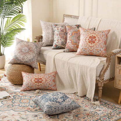 2 Boho Kissenbezüge Orange 45x45 cm - Blumenmuster & Vintage Stil