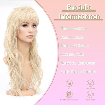 Blonde Mullet Perücke 80er 90er Retro Wolf Cut Perücke mit Pony