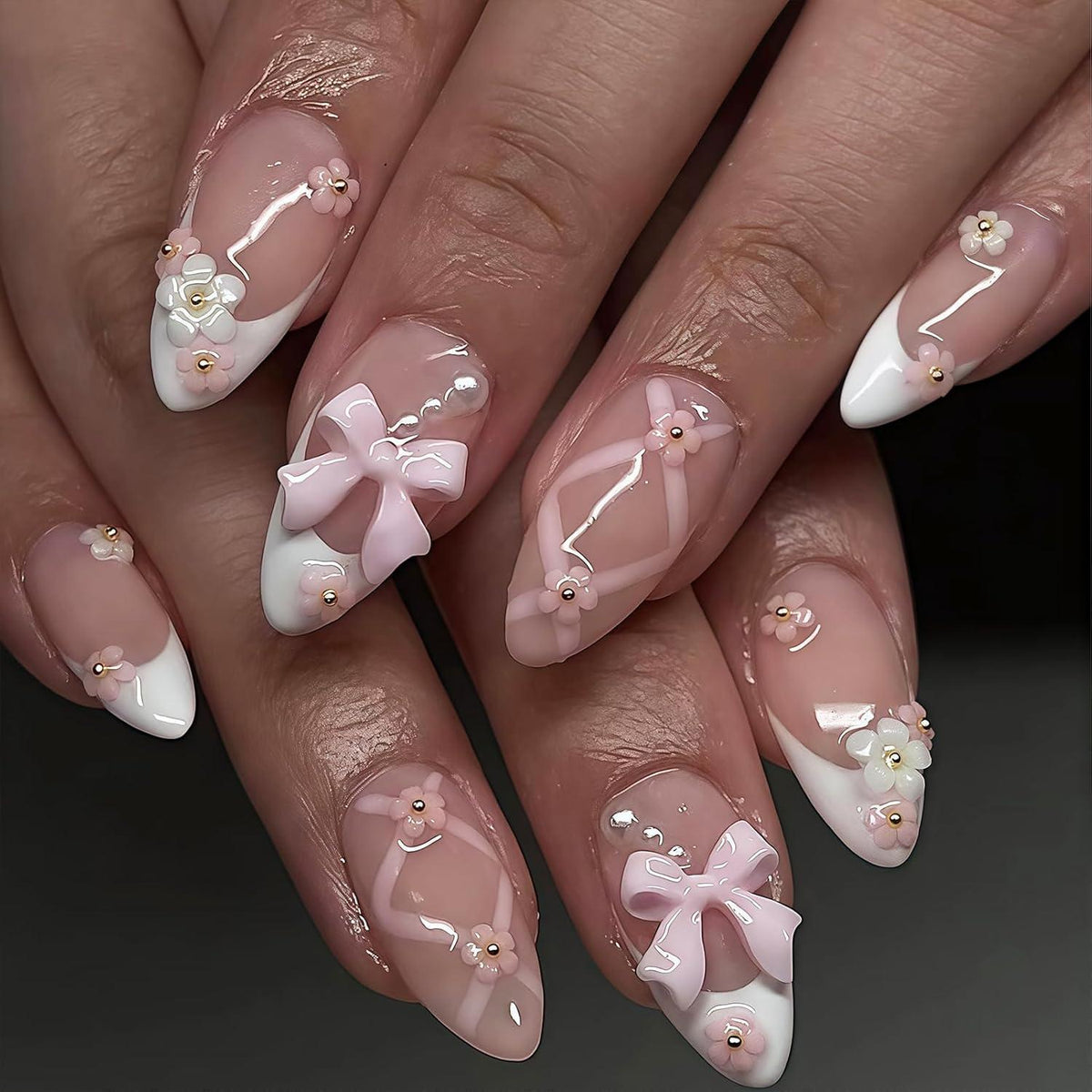 24 French Nägel mit Blume Schleife Design - Mandel Press On Nails