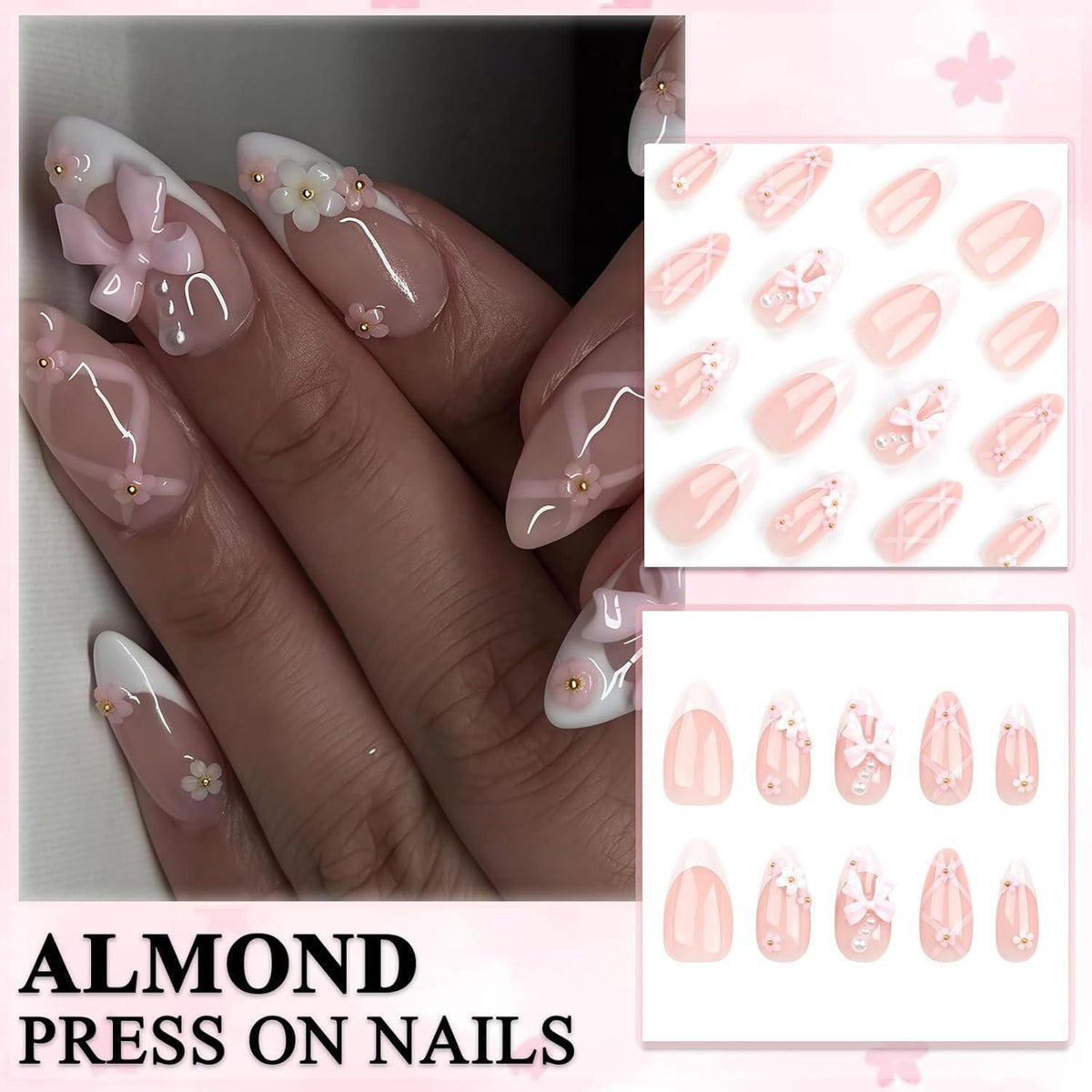 24 French Nägel mit Blume Schleife Design - Mandel Press On Nails