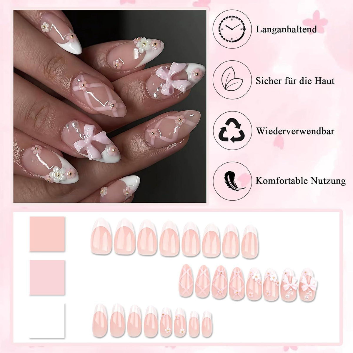 24 French Nägel mit Blume Schleife Design - Mandel Press On Nails