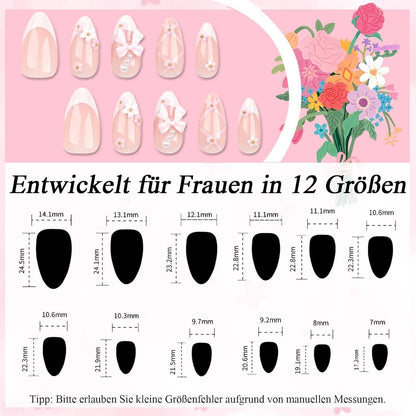 24 French Nägel mit Blume Schleife Design - Mandel Press On Nails