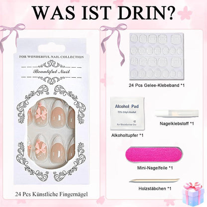 24 French Nägel mit Blume Schleife Design - Mandel Press On Nails