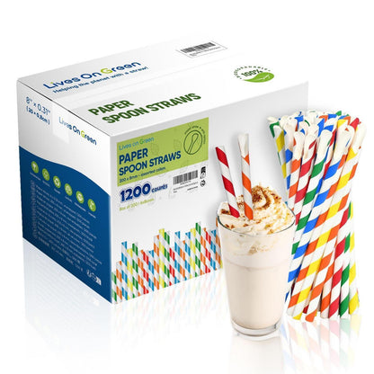 Papierstrohhalme mit Löffel – Bunte Streifen, 1200er Pack