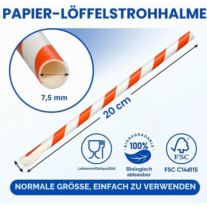 Papierstrohhalme mit Löffel – Bunte Streifen, 1200er Pack