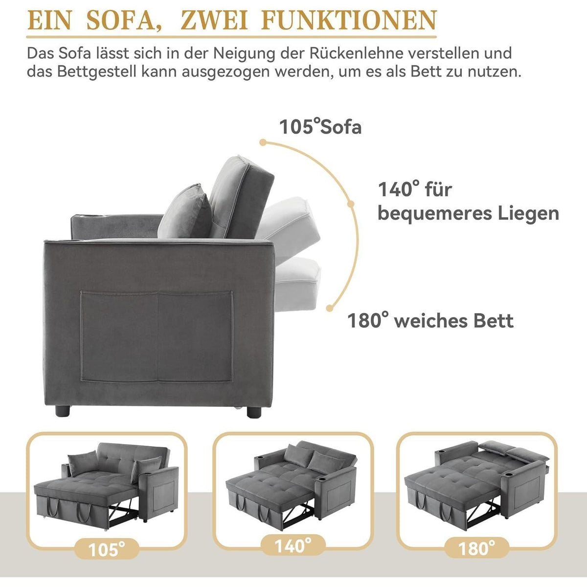 Klappbares Schlafsofa mit Getränkehaltern & Stauraum, Grau