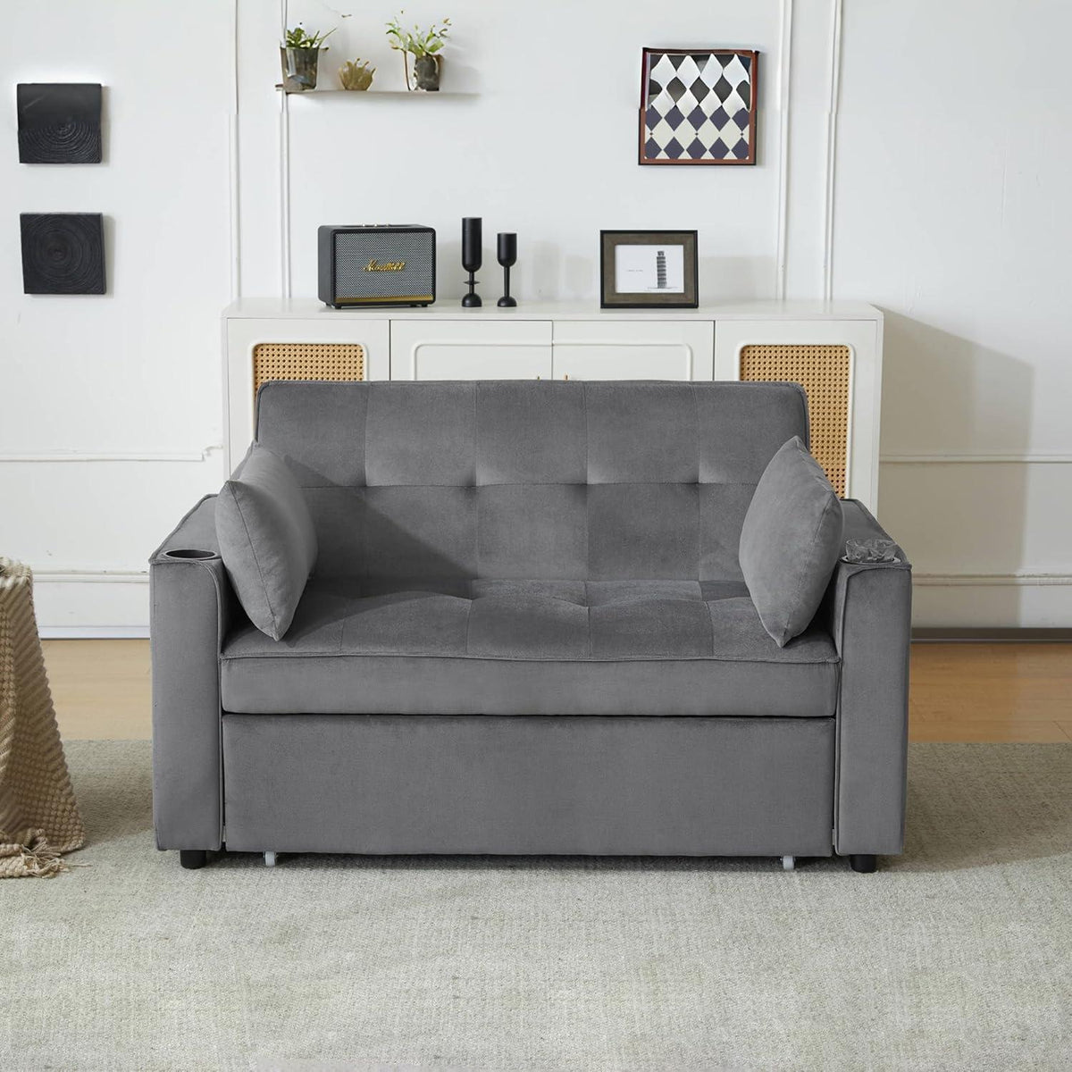 Klappbares Schlafsofa mit Getränkehaltern & Stauraum, Grau