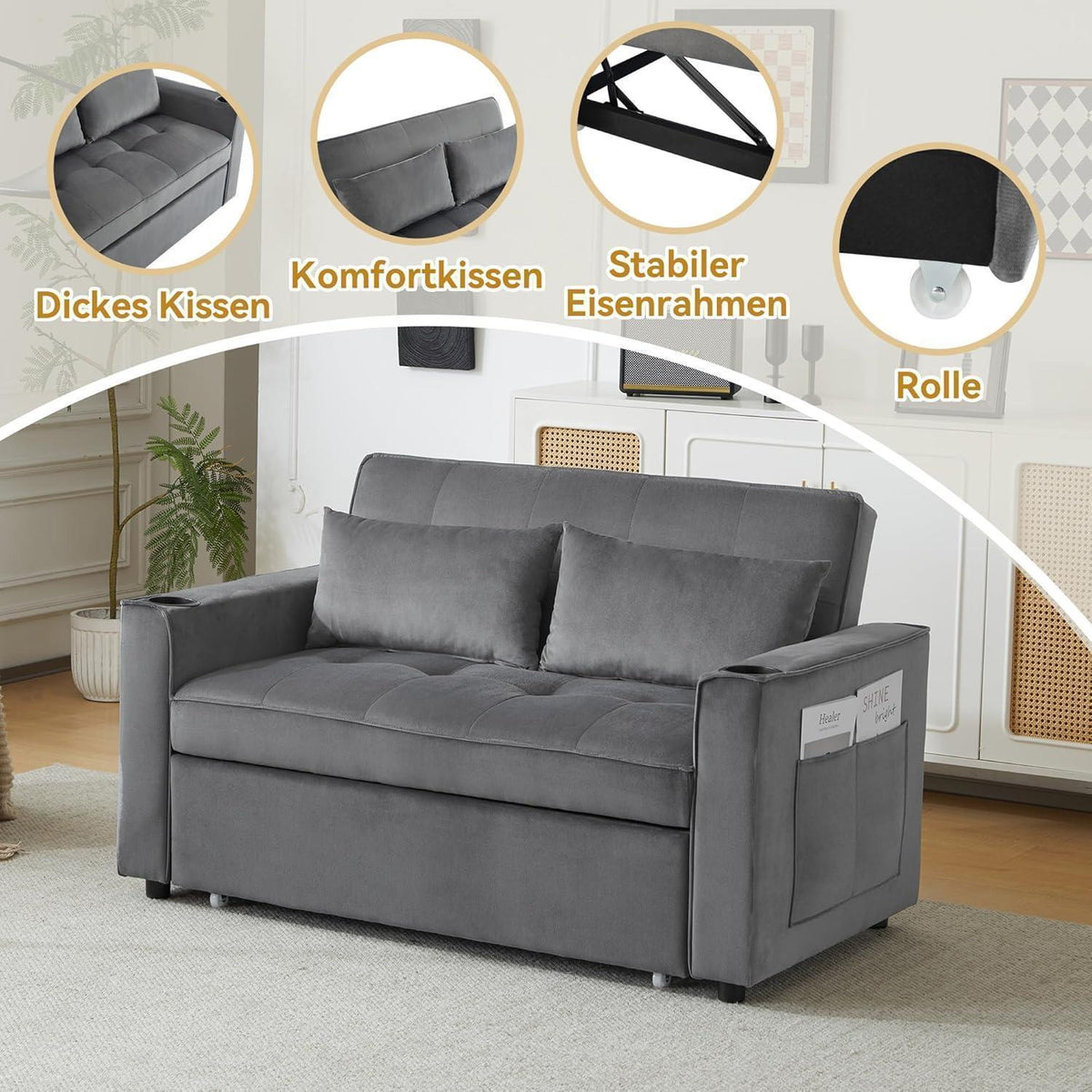 Klappbares Schlafsofa mit Getränkehaltern & Stauraum, Grau