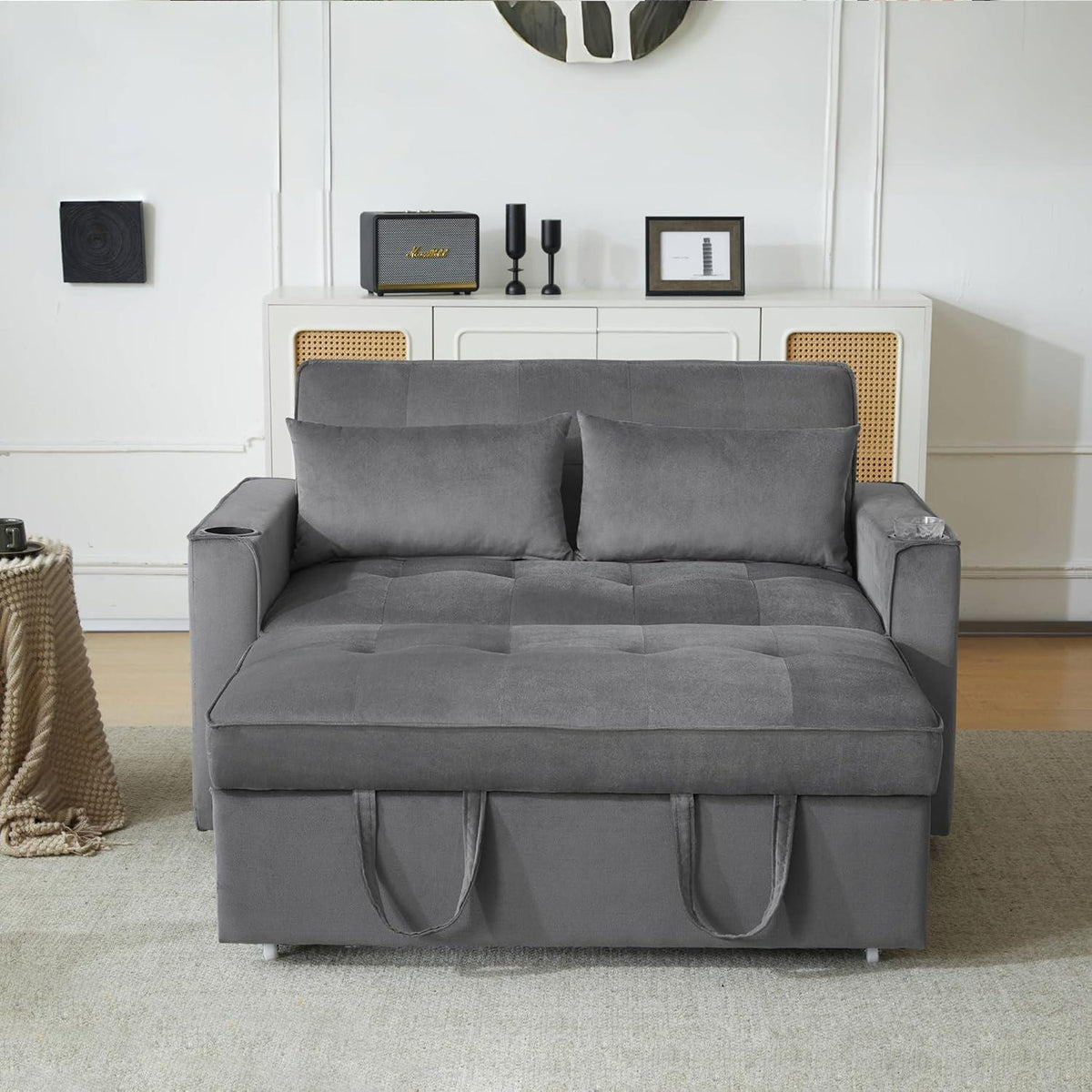 Klappbares Schlafsofa mit Getränkehaltern & Stauraum, Grau