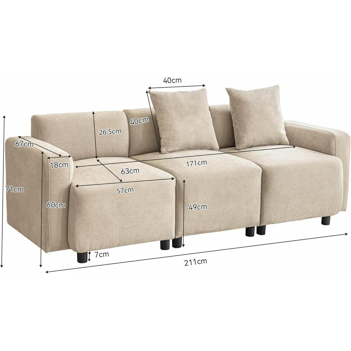 3-Sitzer Sofa Chenille Beige – Modernes Wohnzimmer Sofa