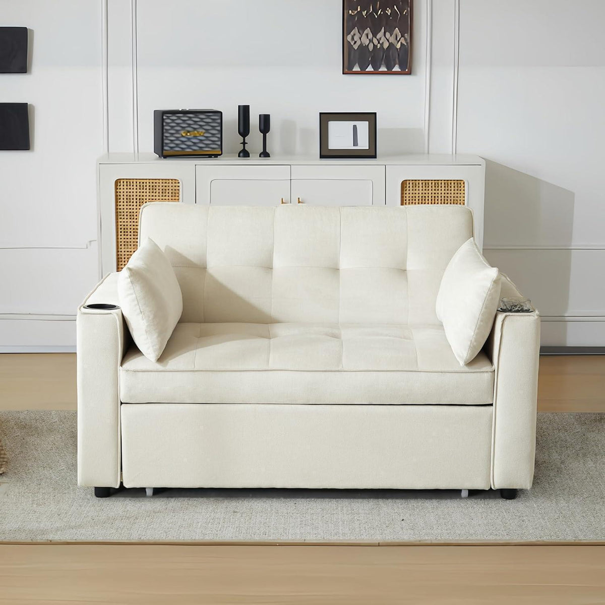 Klappbares Schlafsofa mit Getränkehalter & Kissen – Beige Velvet