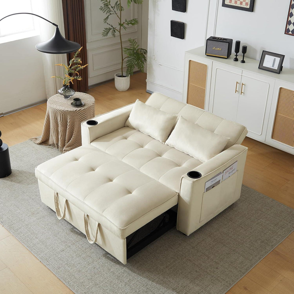Klappbares Schlafsofa mit Getränkehalter & Kissen – Beige Velvet