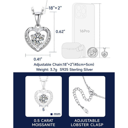 Silberkette Damen 925 Herzanhänger mit 0,5 Karat Moissanite
