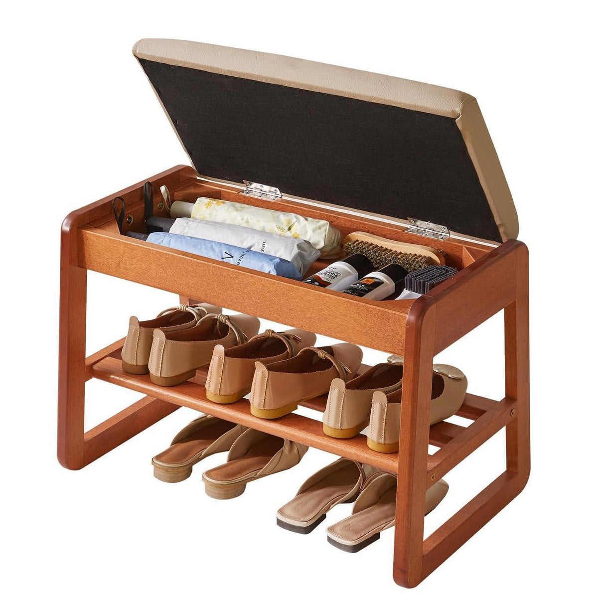 Schuhbank mit Klappdeckel & Stauraum – Holz, 60cm, Kirschholz