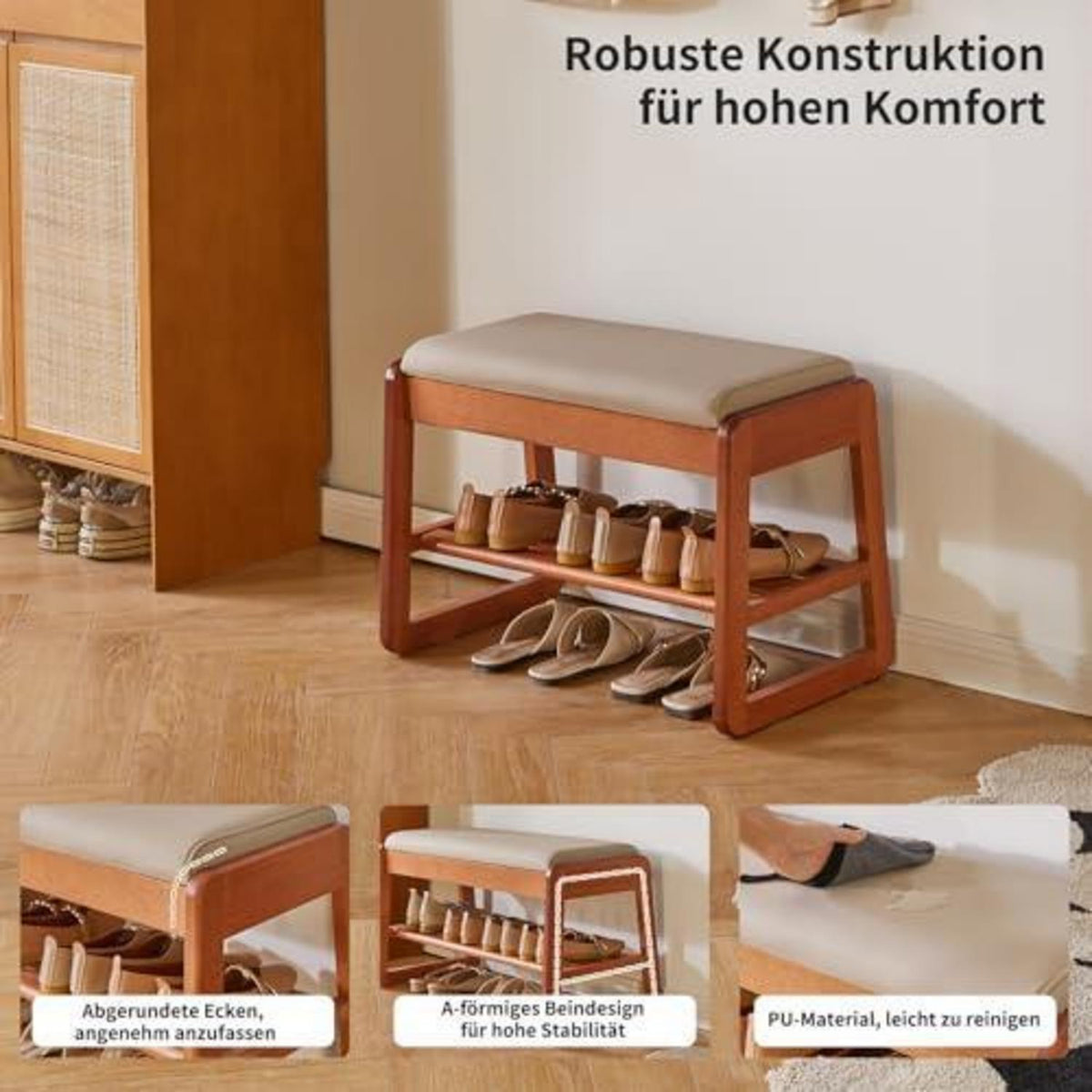Schuhbank mit Klappdeckel & Stauraum – Holz, 60cm, Kirschholz