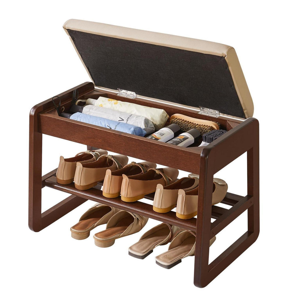 Massivholz Schuhbank mit Kissen & Klappdeckel – 60cm Walnuss