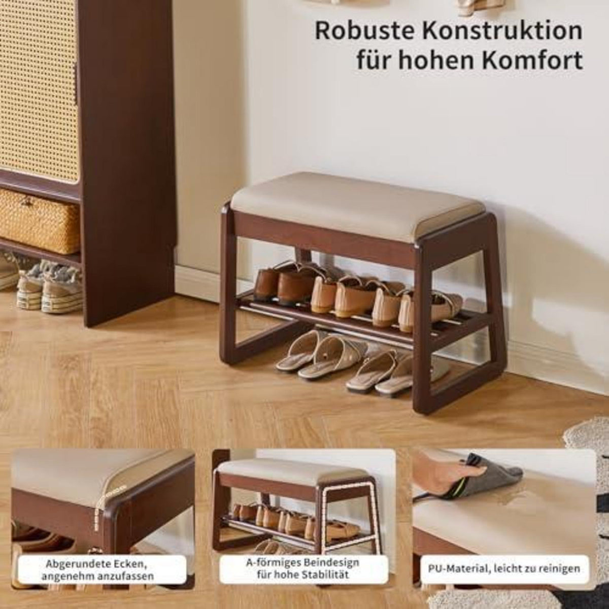 Massivholz Schuhbank mit Kissen & Klappdeckel – 60cm Walnuss