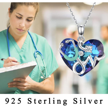 925 Sterling Silber Stethoskop Halskette mit blauem Kristall