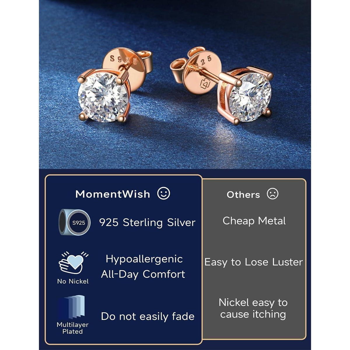Moissanit Ohrstecker 585 Roségold 3 Karat 7,5mm 4-Krappenfassung