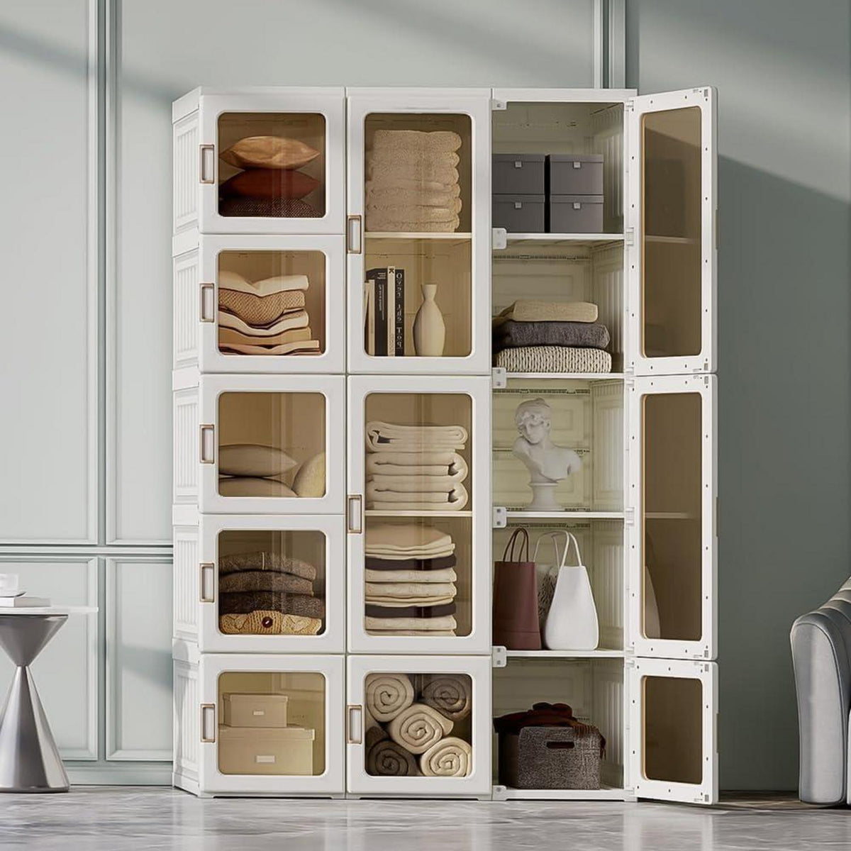 Faltbarer Kleiderschrank 11 Türen – Weiß, 104x170x50 cm