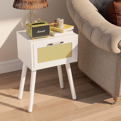 2er Set Rattan Nachttisch mit Magnetschublade, Weiß
