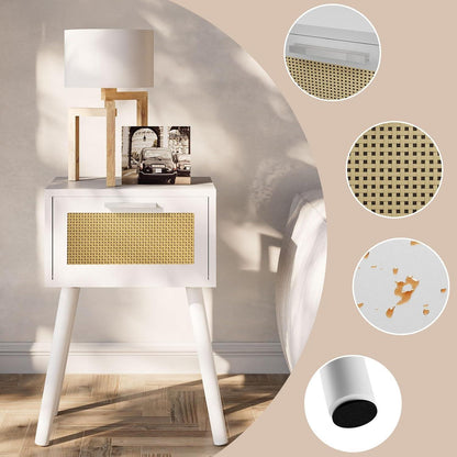 2er Set Rattan Nachttisch mit Magnetschublade, Weiß