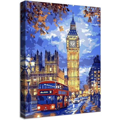 Londoner Stadtbild: Big Ben & Roter Bus Leinwandbild mit Rahmen