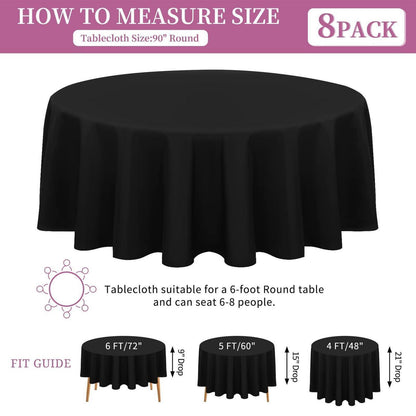 8x Runde Tischdecke Schwarz 229 cm – Polyester, Knitterfrei