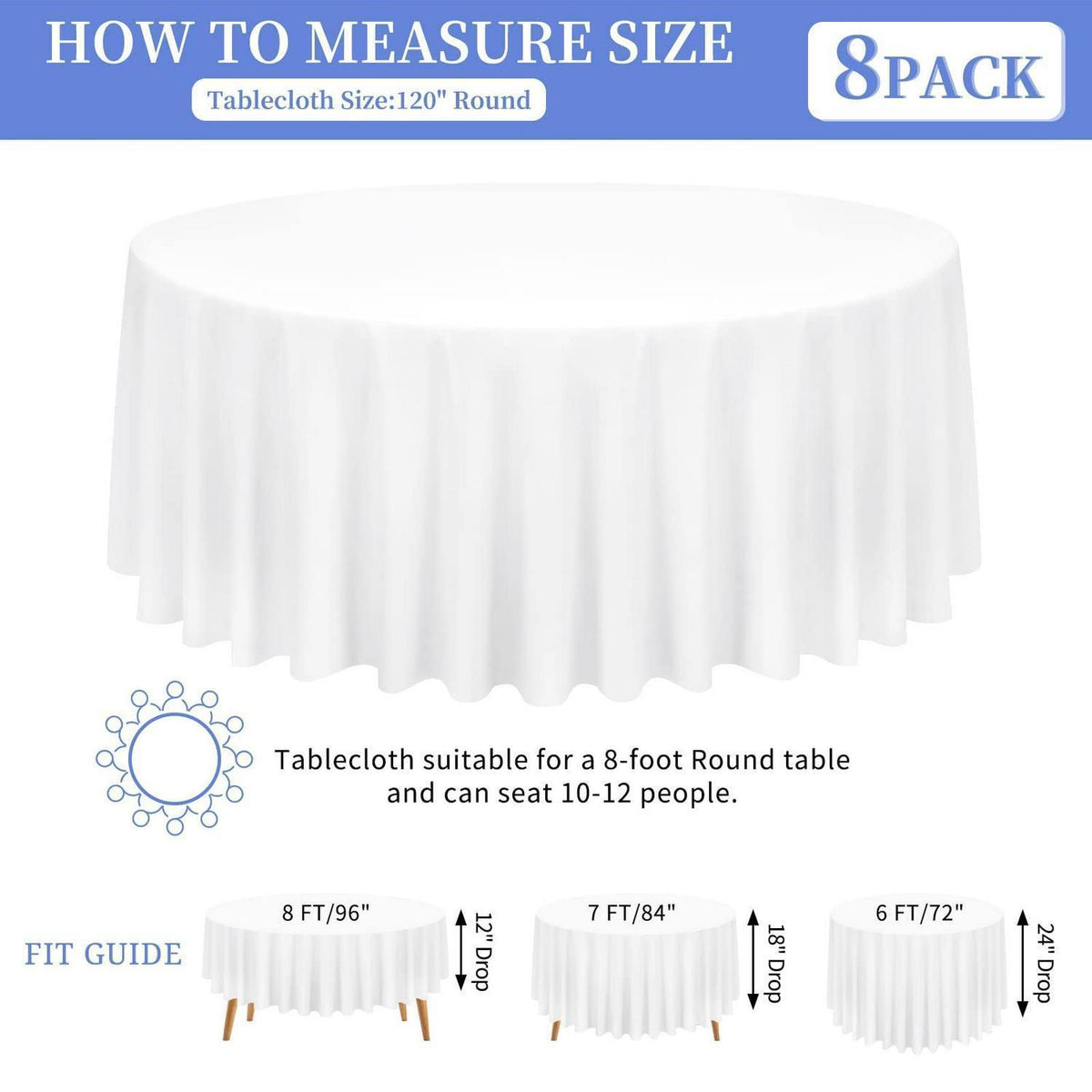 8x Runde Tischdecke Weiß 300cm – Polyester, Knitterfrei