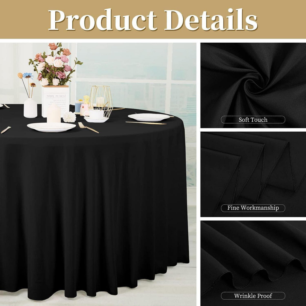8x Runde Tischdecke Schwarz 300cm – Polyester, Knitterfrei