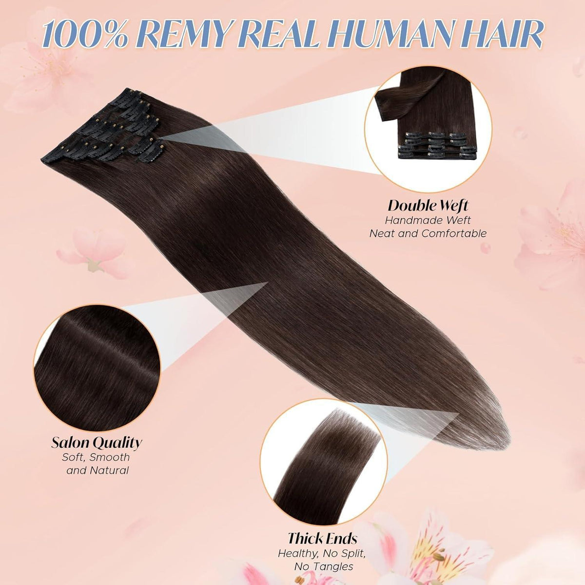 Clip-in Haarverlängerung Echthaar Dunkelbraun 50cm