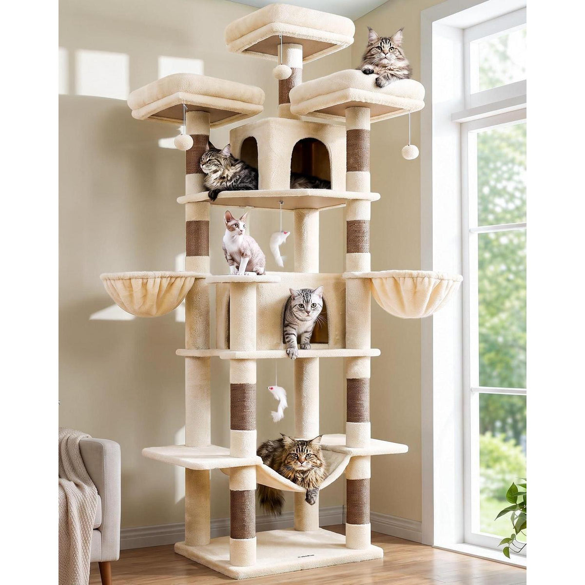 XXL Kratzbaum Beige mit Hängematte – 204cm für Katzen