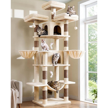 XXL Kratzbaum Beige mit Hängematte – 204cm für Katzen